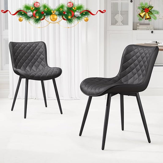 YOUTASTE Black Dining Chairs Set of 2, PU Leather Upholstered Mid-Century Modern Chair, with Thick Padded Back and Metal Legs, for Kitchen, Dining Room, Vanity, or Guest Waiting Room