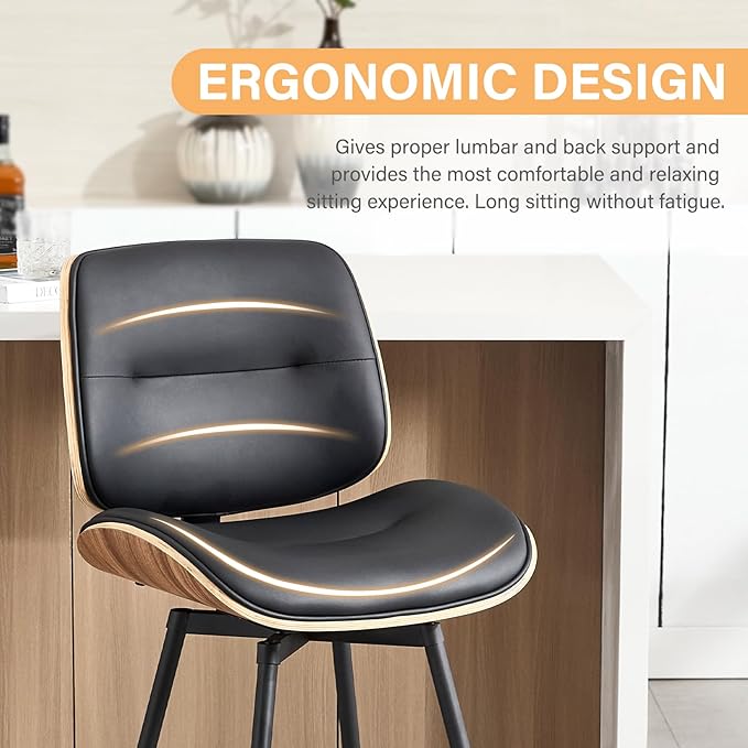 Mid Century Modern Counter Stools Set of 2, 27" Swivel Bar Stools with Metal Legs, Faux Leather Upholstered Bar Chairs with Footrest for Kitchen Island & Dining Tables, Black