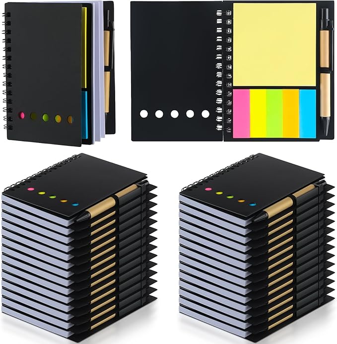 Qilery 30 Pack Lined Spiral Notebook Small Notepad and Pen Set Steno Pads Lined Notepad Black Pocket Notebook for Business Office School Supplies