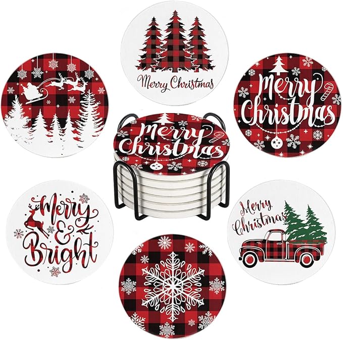 Christmas Absorbent Coasters with Holder Set of 6, Ceramic Stone with Cork Base, Red Buffalo Plaid Design Coaster for Drinks, Gift for Housewarming Room Bar Home Decor Kitchen