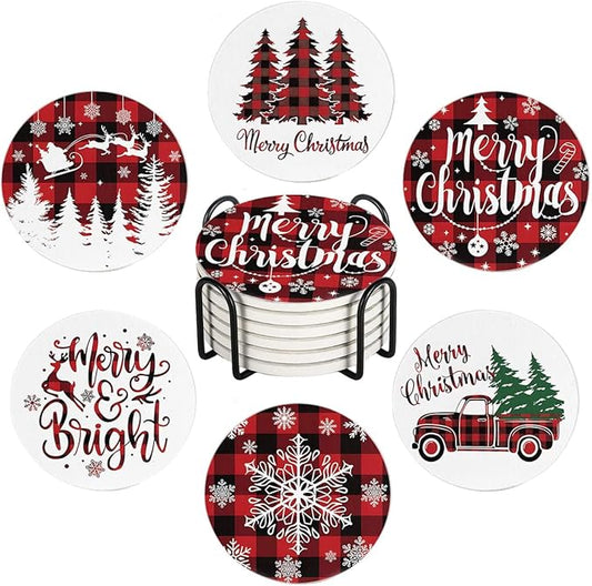 Christmas Absorbent Coasters with Holder Set of 6, Ceramic Stone with Cork Base, Red Buffalo Plaid Design Coaster for Drinks, Gift for Housewarming Room Bar Home Decor Kitchen