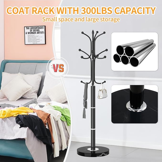 Metal Coat Rack Freestanding, Sturdy Coat Rack Stand with Natural Marble Base, Modern Black Coat Racks Tree Hats Hanger Holder Stand for Entryway, Hallway, Office(12 Hooks)