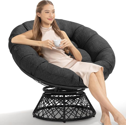 Bme 40" Ergonomic Wicker Papasan Chair with Soft Thick Cushion & Frame, 360° Swivel, Circle, Reading, Comfy Chair for Living Room, Bedroom