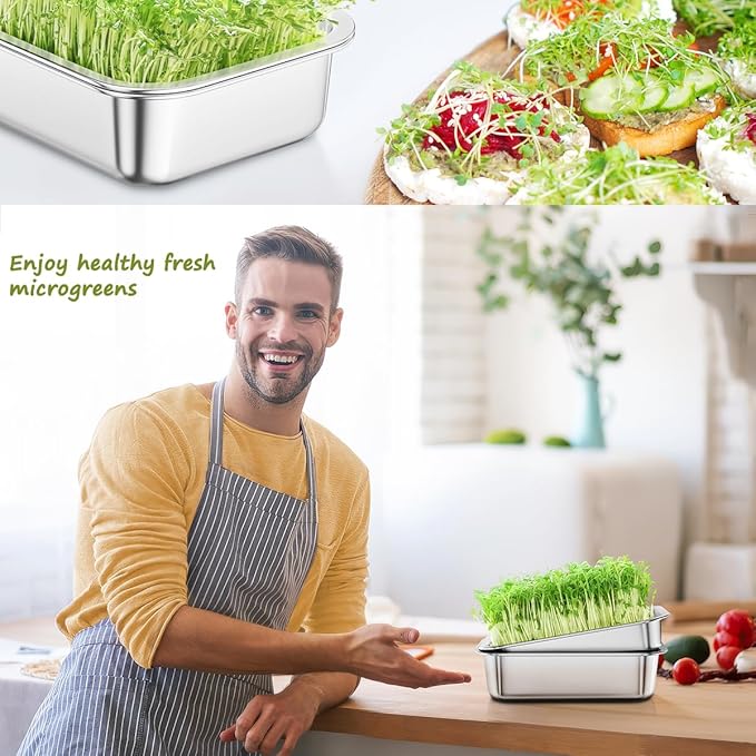 FANHAO 2-Pack Sprouting Tray Kit, Stainless Steel Soil-Free Cultivation Germination Tray, Healthy Wheatgrass Grower Sprouting Container Kit Nursery Tray for Indoors Plant Seedlings