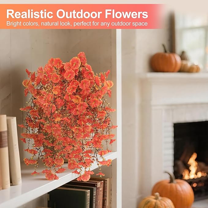 Fall Flowers Artificial for Decoration, 4Pcs Fake Hanging Flowers Morning Glory UV & Fading Resistant, Artificial Faux Plants Deocr for Home Patio Yard Garden Farmhouse Fall Decor Halloween