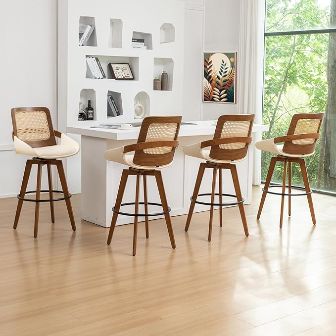 Bar Height Bar Stools Set of 4 - 29.5 inch Mid Century Modern Bar Stools with Cane Back, Curved Arms, Faux Leather Upholstered Seat, Rattan BarStools for Island/Pub/Kitchen (30" Seat Height, Beige)
