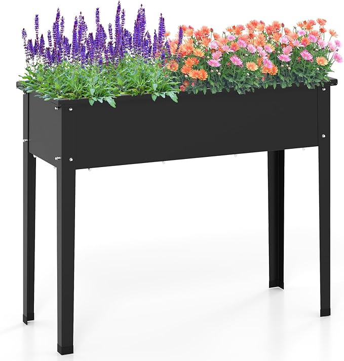 HAPPYGRILL Raised Garden Bed, Metal Elevated Planter Box w/Legs, Drainage Holes for Growing Vegetables Fruits Flowers, Indoor Outdoor Standing Plant Container for Backyard Patio (40”x16”x32”)
