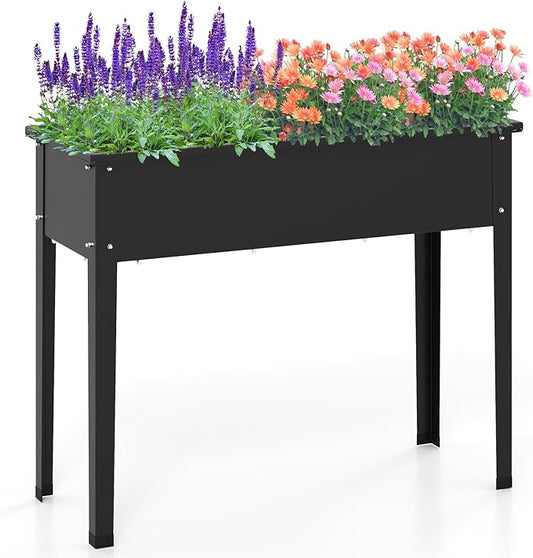 HAPPYGRILL Raised Garden Bed, Metal Elevated Planter Box w/Legs, Drainage Holes for Growing Vegetables Fruits Flowers, Indoor Outdoor Standing Plant Container for Backyard Patio (40”x16”x32”)