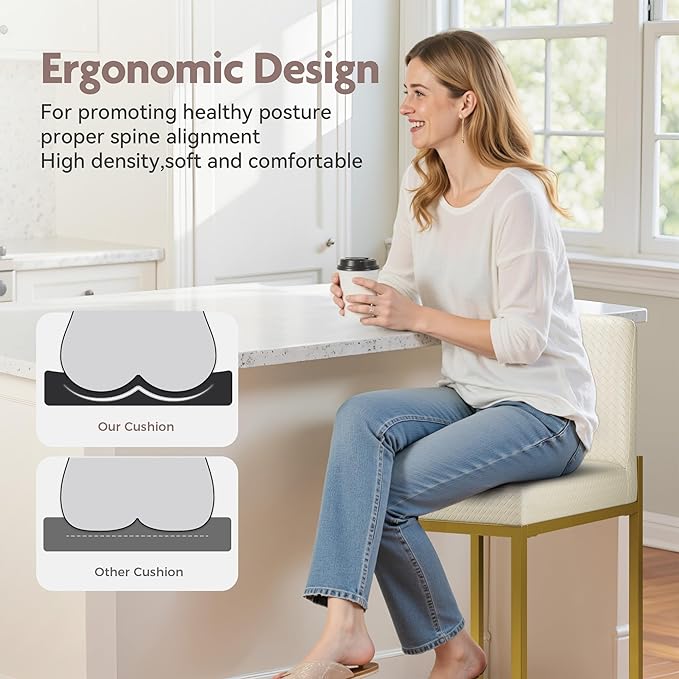 ALPHA HOME 24 Inch Bar Stools Set of 6, Kitchen Counter Stools with Backs, PU Leather Barstools, White Bar Stools with Upholstered Footrest, Sturdy Chromed Metal Steel Frame, Off-White