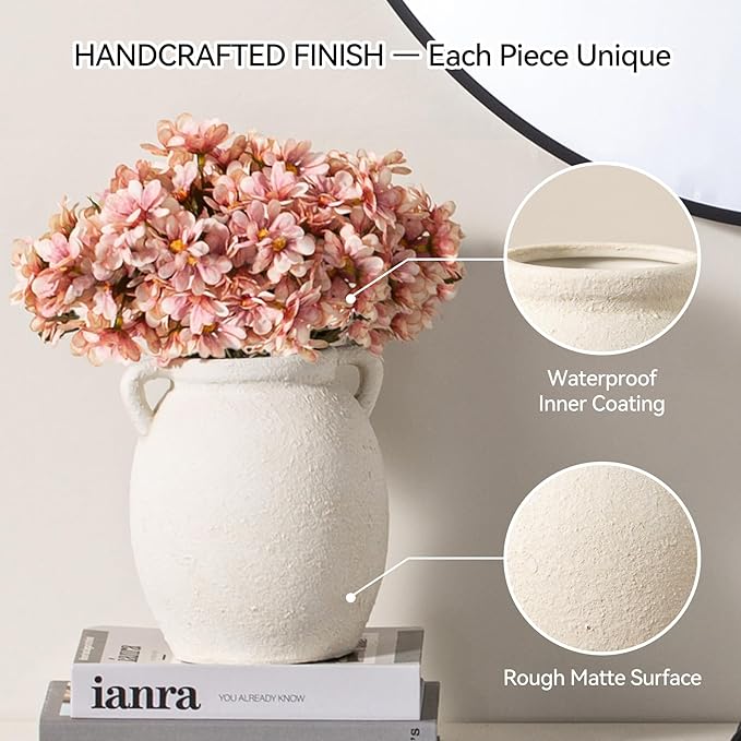 Ceramic Flower Vase 7.6 inch Farmhouse Rustic Vase Decorative Pottery Terracotta Vases for Home Decor Table Mantle Fireplace Living Room Bathroom Wedding Centerpiece (White-Upgraded)