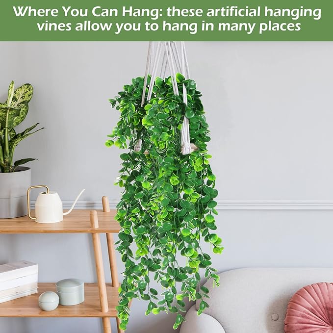 Hoteam 12 Pcs Artificial Hanging Plants 32 Inch Fake Ivy Vines with Fake Leaves Patio Artificial Plants Greenery for Living Room Indoor Outdoor Wall, No Basket (Eucalyptus)