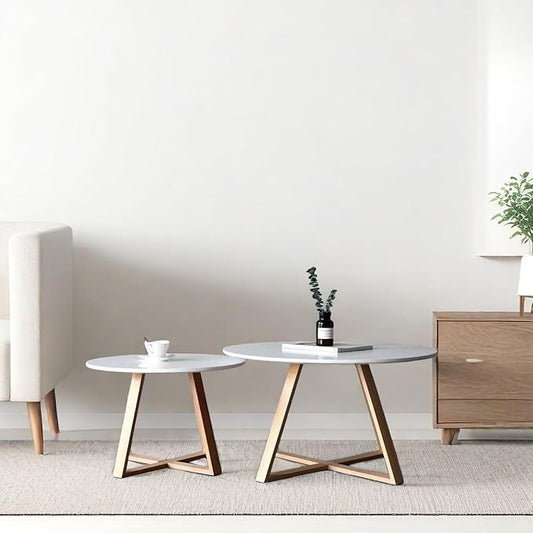 2Pcs Mid-Century Modern Round Coffee Table Set of 2, Natural Wood & White, Easy Assembly, Indoor & Outdoor Use