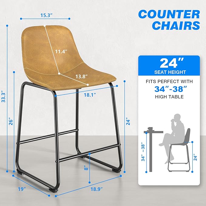 Rfiver Pu Faux Leather Bar Stools Set of 2, Industrial Pub Barstools with Back and Footrest, Modern Armless Bar Height Stool Chairs (Yellow, 24" Counter Chair x2)