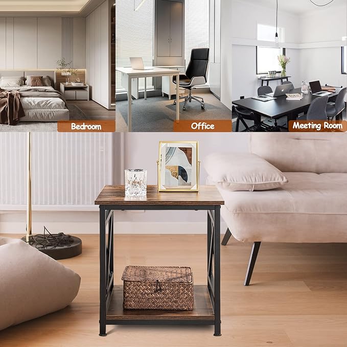 Industrial End Table Side Table with 2-Tier Storage Shelf, 18'' Square Nightstand Bedside Table X-Design Metal Frame for Living Room Bedroom, Rustic Brown