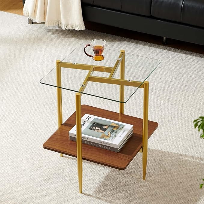 Square Glass End Table, Mid-Century Modern Sofa Table, L20*W20*H23 inch for Living Room, 2-Tier Structure, Clear Glass Top and Walnut MDF Shelf, Sleek Conical Metal Legs with Gold Finish