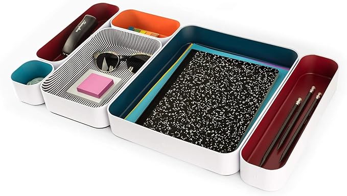 Three by Three Seattle 6 Piece Metal Organizer Tray Set for Storing Makeup, Stationery, Utensils, and More in Office Desk, Kitchen and Bathroom Drawers (2 Inch, Berry, Sunset, Blue, Stripes)