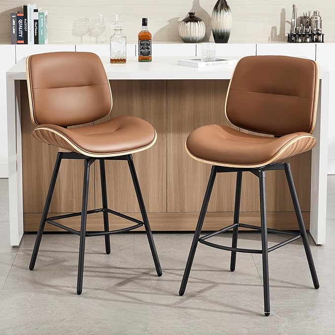 Mid Century Modern Counter Stools Set of 2, 27" Swivel Bar Stools with Metal Legs, Faux Leather Upholstered Bar Chairs with Footrest for Kitchen Island & Dining Tables, Brown