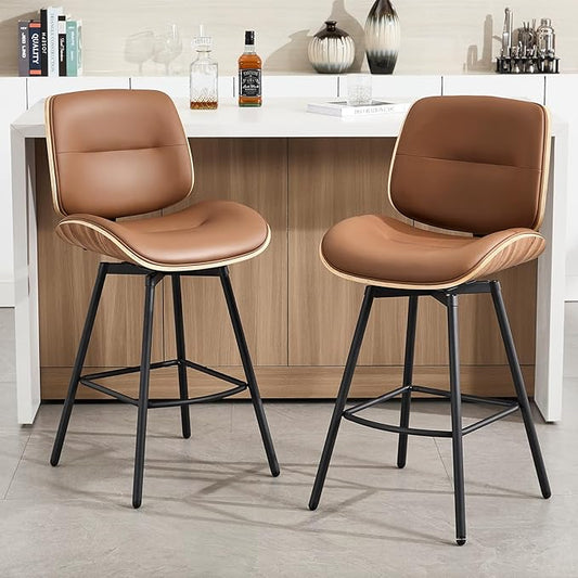 Mid Century Modern Counter Stools Set of 2, 27" Swivel Bar Stools with Metal Legs, Faux Leather Upholstered Bar Chairs with Footrest for Kitchen Island & Dining Tables, Brown