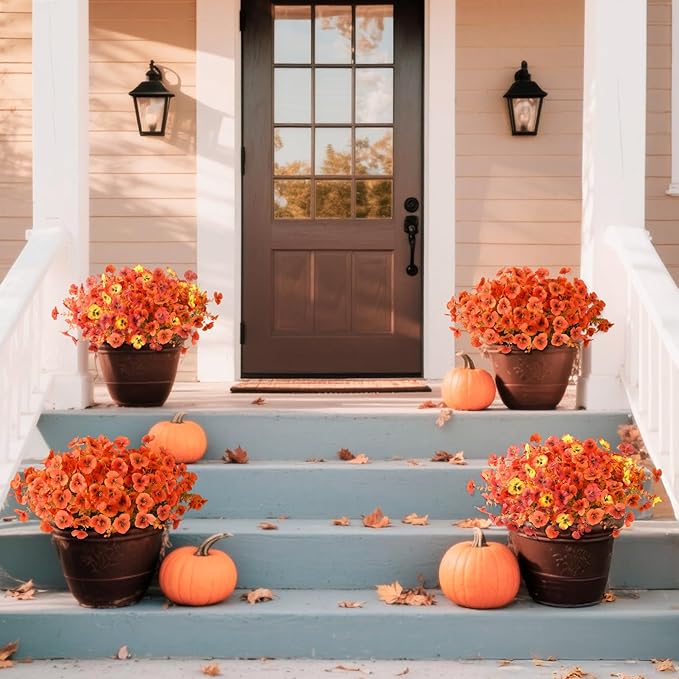 Artificial Fall Flowers for Outdoor, 12 Bundles Faux Pansy Fake Mums Flowers Plants Outdoor Fall Decor, UV Resistant No Fade Silk Flower for Autumn Porch Planter Patio Windowbox Yard Garden(Orange)