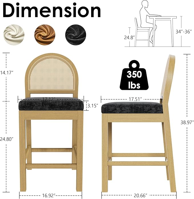 STHOUYN Upholstered Rattan Bar Stools Set of 2, Wooden Counter Height Stools with Natural Rattan Woven Back and Chenille Seat, Mid-Century Modern Island Chairs Barstools for Kitchen (2, Black)