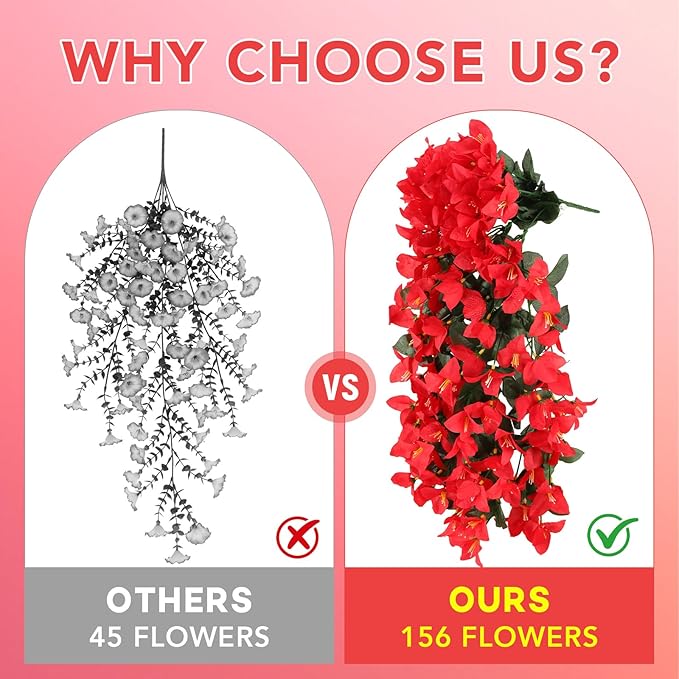Artificial Bougainvillea Flowers for Outdoor Plant,2 pcs Faux Hanging Flowers Bougainvillea for Outside Decoration,Fake Silk UV Resistant Vines for Front Door Porch(Red)