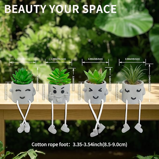 Set of 4 Small Faux Succulents in Cement Pots with Hanging Legs, Potted Mini Fake Plants for Desk, Office Cubicle, Kitchen, Bathroom, Wall Shelf Decor, Room & Bookshelf Ornament