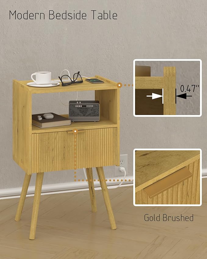 Nightstand with Outlet,Modern Bedside Table with Storage Drawer and Open Wood Shelf, for Living Room, Bedroom and Small Spaces, Accent Night Stand with Solid Wood Legs, Easy Assembly,Yellow Oak
