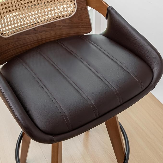 Mid Century Modern Counter Stools - 26.4 inch Swivel Rattan bar stools with Cane Back, Upholstered Faux Leather, Walnut Craftsmanship (Walnut Brown, Set of 1)