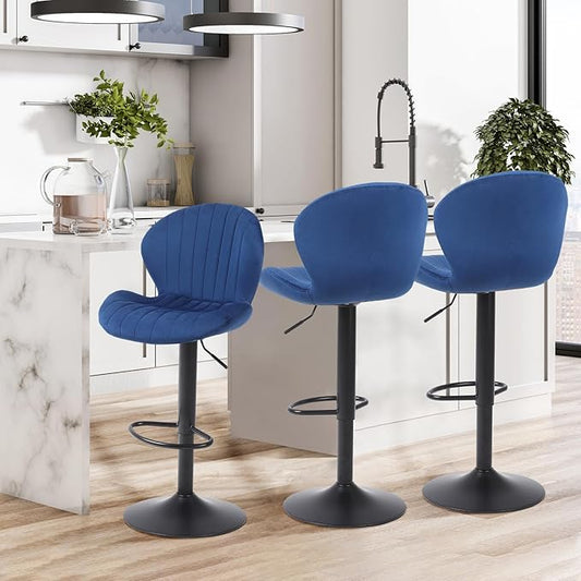 Modern Bar Stools Set of 3, Velvet Height Adjustable Swivel Barstools, Armless Kitchen Island Counter Chairs with Back & Footrest, Blue