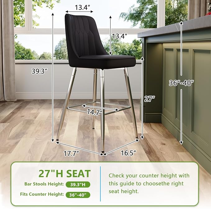 Black Bar Stools Set of 6,27" Counter Height Bar Stools Set of 6,Faux Leather Counter Stools with Soft Padded Seat & Curved Backrest,Modern Kitchen Island Chairs for Dining Café