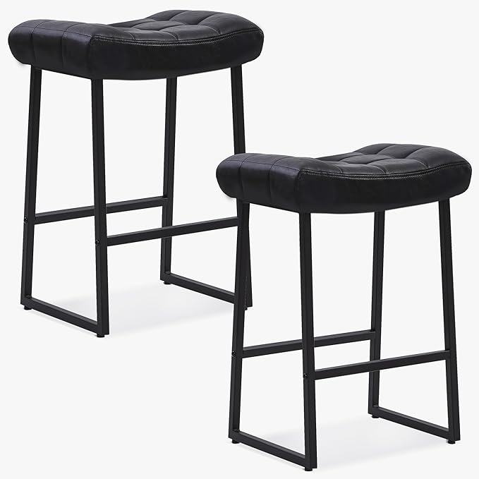 Black Modern Bar Stools Set of 2 for Kitchen Counter 24 inch Counter Height Backless Barstools with Upholstered Faux Leather Saddle Seat and Metal Frame Industrial Bar Chairs