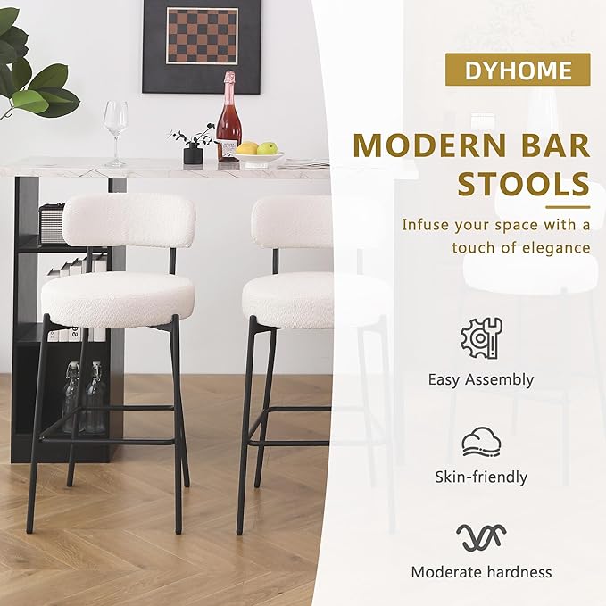 DYHOME Bar Stools Set of 4, White 28 Inches White Counter Height Bar Stools with Back, Mid-Century Modern Bar Chairs for Kitchen Island, Dining Room