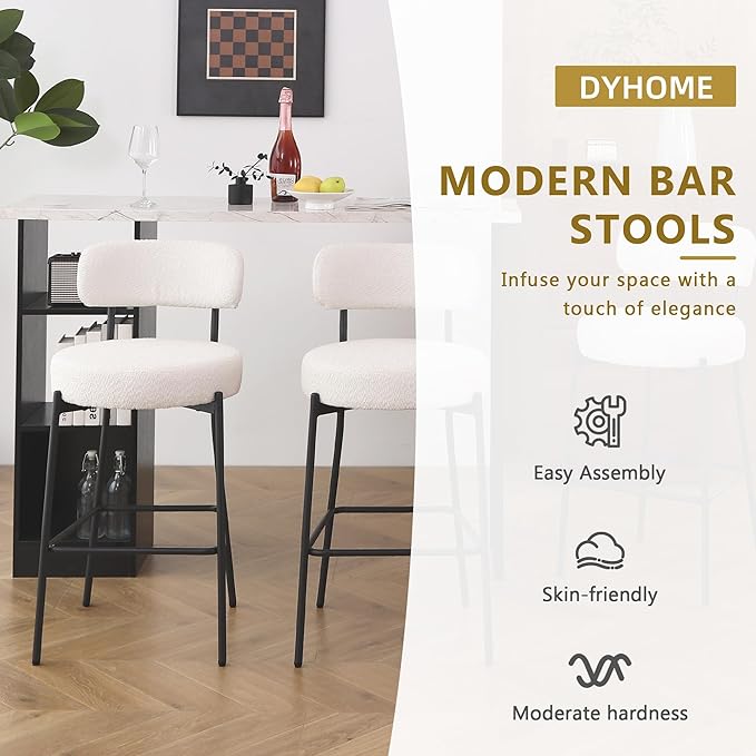 DYHOME Bar Stools Set of 6, 28 Inches Boucle Counter Height Bar Stools with Back, White Modern Tall Barstools with Metal Legs for Kitchen Island