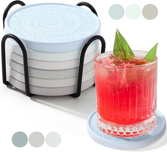 Photect Diatomaceous Earth Coasters Set with Holder Absorbent Stone Drink Coasters Instant Drying Tray for Tabletop Protection Home Decoration Housewarming Gift(Green,6 Pcs)