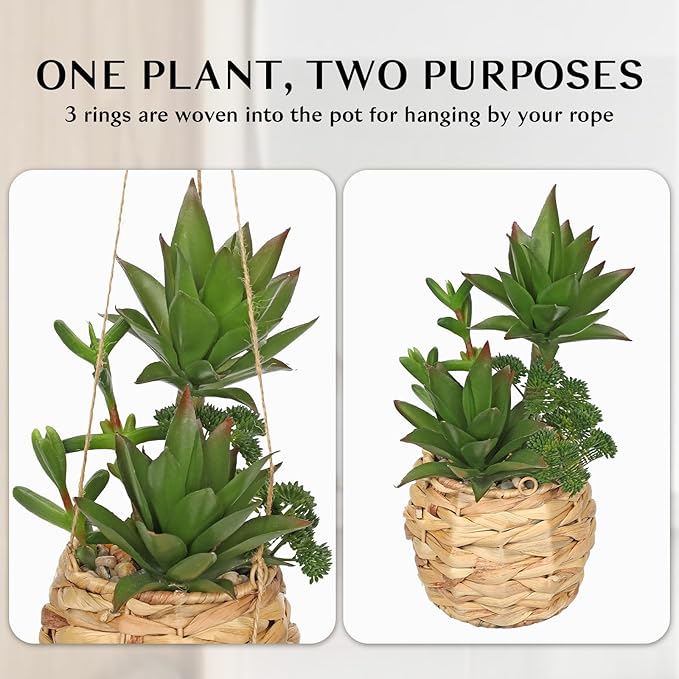 10" Large Succulents Plants Artificial in Wooden Pots, Fake Succulents in Woven Pots, Faux Succulent Artificial Plants Indoor for Home, Bedroom, Living Room, Bathroom Desk Shelf Table Decor