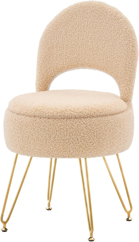 Ottoman Teddy Velvet Vanity Stool Chair with Folding Back Multifunctional Upholstered Makeup Chair, 4 Metal Legs with Anti-Slip Feet for Bedroom Living Room Entryway