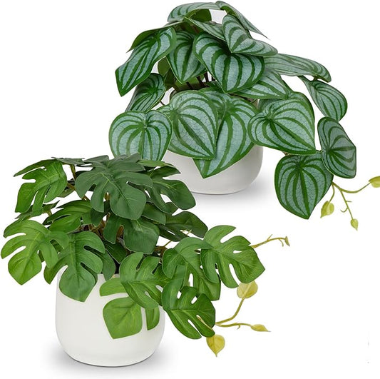 Fake Plants Set of 2 Artificial Plants Small Faux Plants with White Ceramic Pots Fake Potted Plants Artificial Decor for Home Bathroom Shelf Office Desk Window Kitchen Fake Indoor Plants