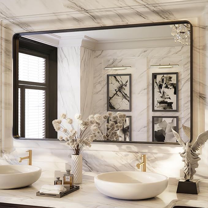 ISKM Black Bathroom Mirror for Wall 51" x 30" Matte Black Framed Vanity Mirror Anti-Rust, Tempered Glass, Rounded Rectangle Mirror(Horizontal/Vertical)