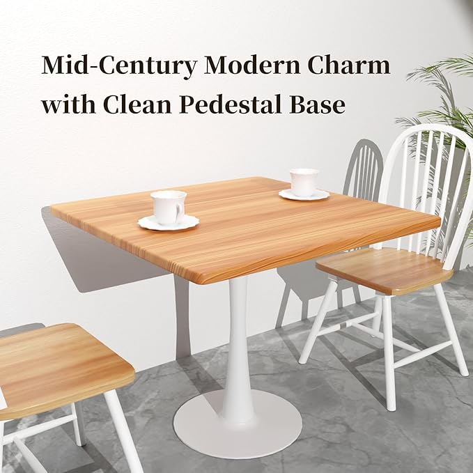 23.6" Square Small Dining Table for 2, Tulip Bistro Table with White Metal Pedestal Base, Modern Mid-Century Compact Kitchen Dining Piece for Home, Café, Restaurant, or Office
