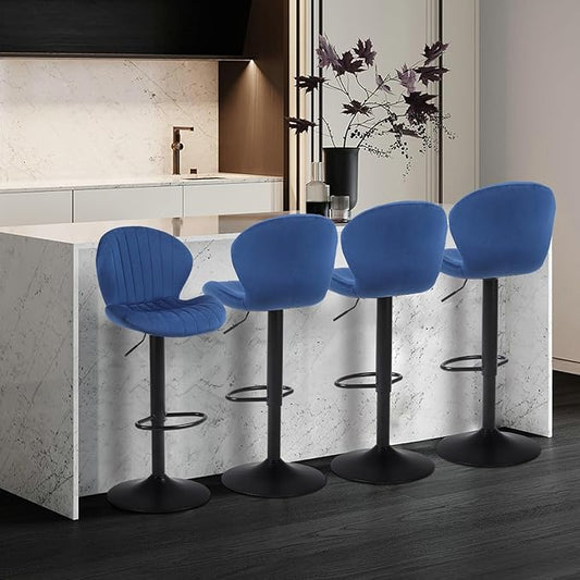 Modern Bar Stools Set of 4, Velvet Height Adjustable Swivel Barstools, Armless Kitchen Island Counter Chairs with Back & Footrest, Blue