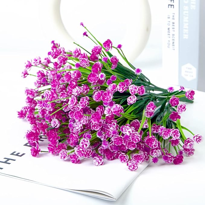 Ouddy Decor 24 Bundles Artificial Flowers for Outdoors UV Resistant Fake Plastic Plants Faux Boston Fern Greenery Stems for Spring Summer Indoor Garden Patio Window Box Kitchen Home Decor, Fuchsia