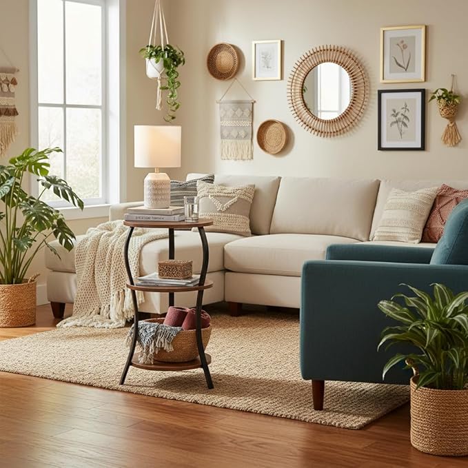 Vintage Small Round Side Table, 3-Tier Slim Waist Circular End Table with Storage Shelf, Compact Tea Sofa Table, Round Corner Coffee Table Nightstand for Living Room Bedroom Small Spaces,Rustic Brown