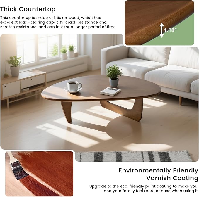 Solid Wooden Modern Triangle Coffee Table: Unique Funky Coffee Tables for Living Room, Oval Mid-Century Irregular Abstract Tea Tables for Patio Office Balcony Bedroom (Walnut, 43" L x 31" W x 16" H)