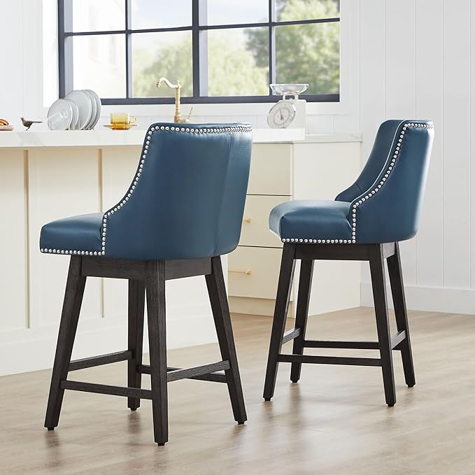 CHITA Counter Height Swivel Bar Stools Set of 2, FSC Certified Upholstered Counter Stools, Modern Swivel Barstools with Wood Legs for Kitchen Island, 26" Seat Height, Faux Leather in Blue