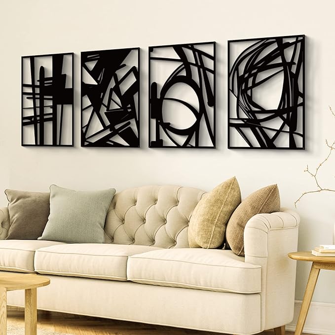 Glamativity Large 4 Pack Black Abstract Metal Wall Art, Minimalist Décor Single Line Art Wall Décor, 3D Textured Metal Wall Sculptures, for Living Room Bedroom Bathroom Study Room (Black, L Size 22.5