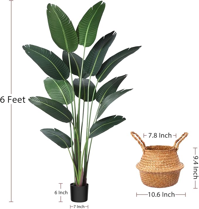 Artificial Bird of Paradise Plants 6 Ft Fake Tropical Palm Tree with 13 Trunks in Pot and Woven Seagrass Belly Basket Perfect Faux Plant for Home Indoor Outdoor Office Modern Decor Green 1Pc…