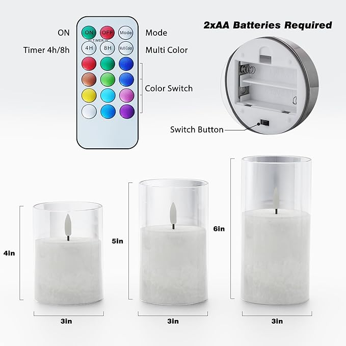 12Colors Ice Crystal Real Wax Glass Flameless Candles with Remote & Timer, Battery Operated Candles with Warm Flickering Flame, Realistic LED Candle for Wedding Home Decor [D3×H4/5"/6"] 3Pack