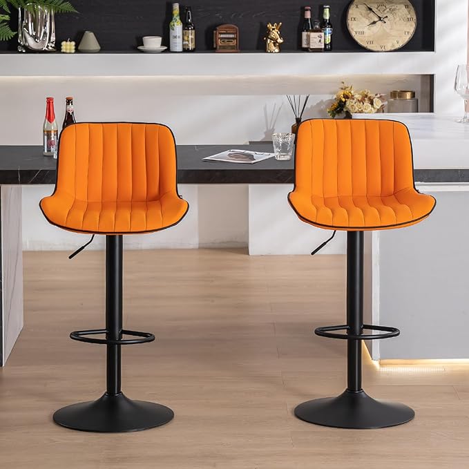 YOUNUOKE Orange Bar Stools Set of 2, Height Adjustable, 360° Swivel, Faux Leather Upholstered Barstools with Back, Mid-Century Modern Design, Stools for Kitchen Island, Home Bar, Bistro, Restaurant