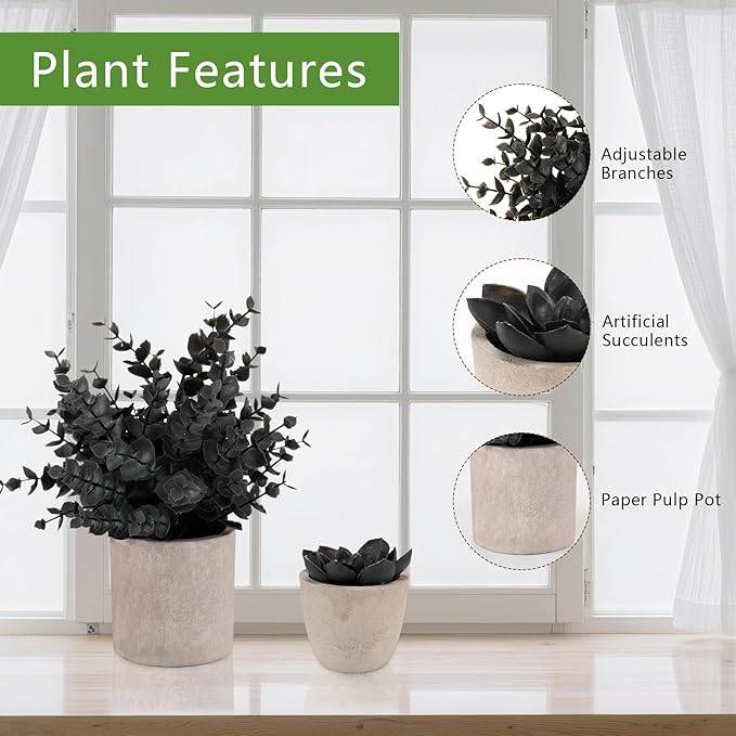 ALAGIRLS 4 Packs Fake Plants Small Artificial Plants Indoor Black Eucalyptus Rosemary Succulents Plants Potted Faux Plants for Home Indoor Office Bathroom Living Room Decor