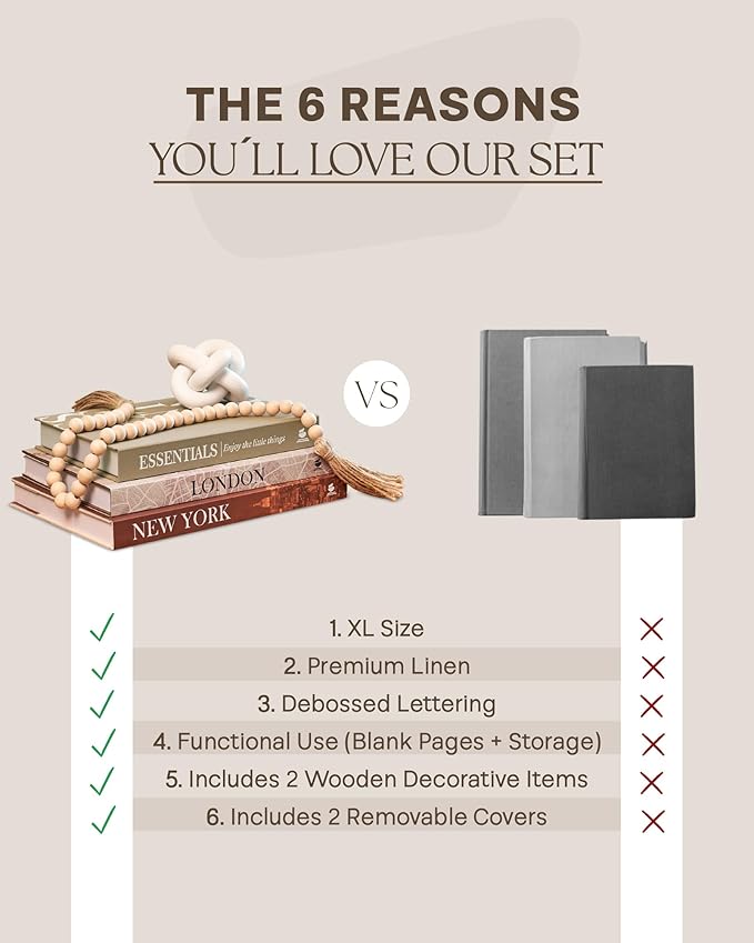 JULZEN Linen Decorative Books for Home Decor - Aesthetic Set of 3 Beige Fake Books for Coffee Table Decor with Faux Book Box Storage, Wood Knot & Bead Garland - Neutral Living Room Decoration